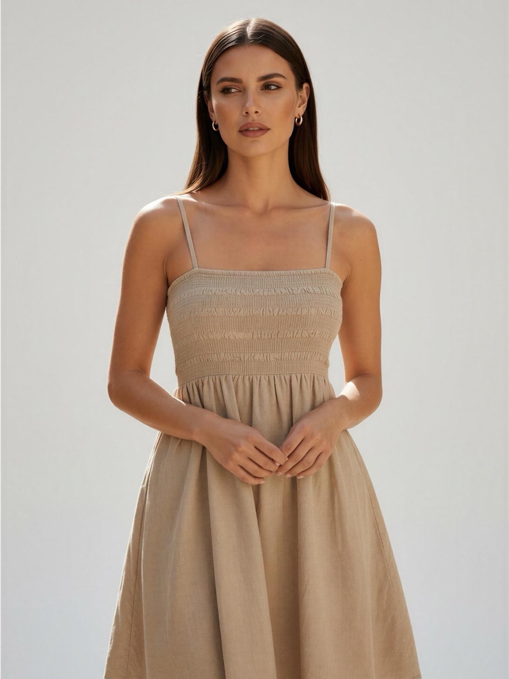 Universal Thread Beige Smocked Linen Mini Dress with Adjustable Spaghetti Straps